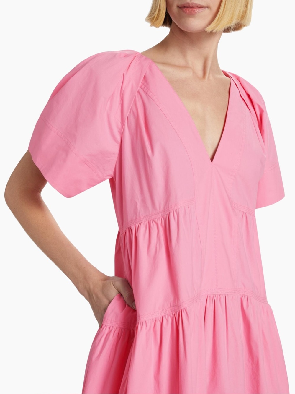 A.L.C. Camila Mini Dress Pink Tiered Short Puff Sleeve A-Line Spring Size 4 - Picture 2 of 11